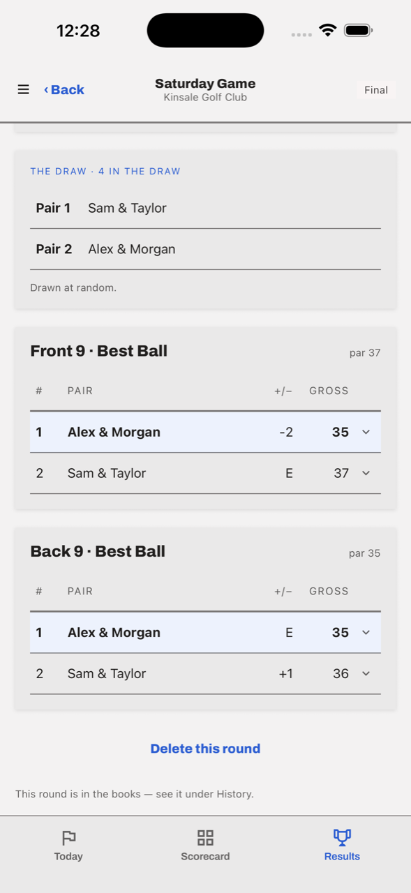 The Results screen after the draw: the pairs, then Front 9 and Back 9 best ball leaderboards.