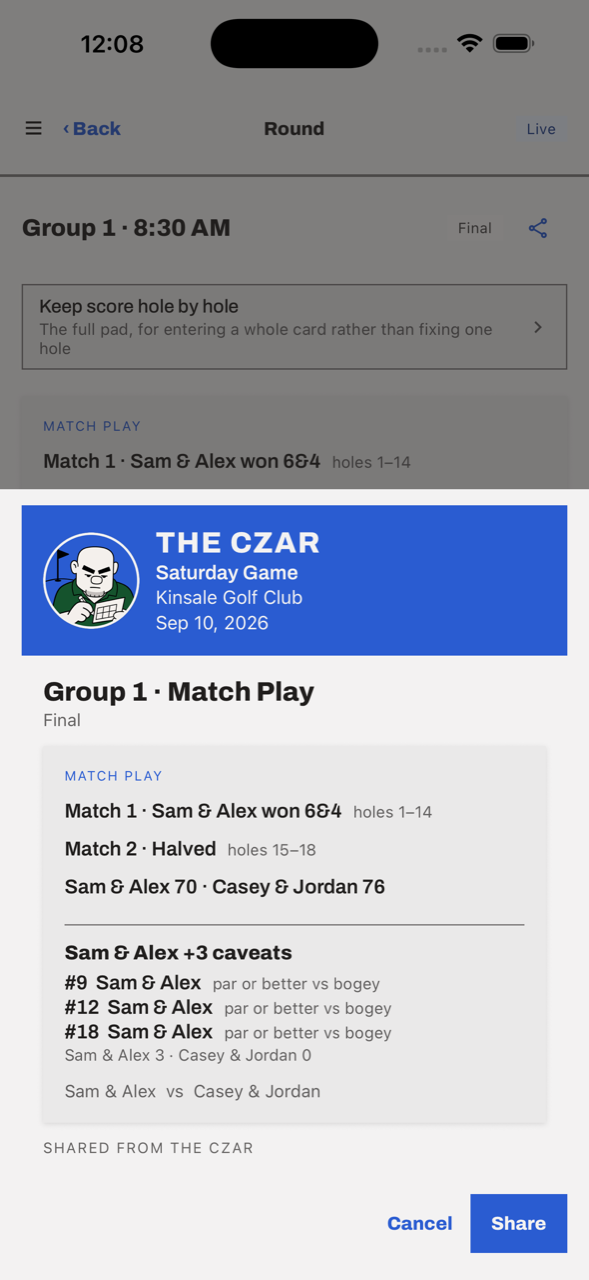 The share sheet showing a branded result card for a group's match play, ready to send.