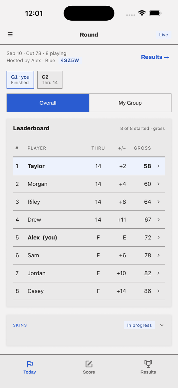 The Today screen: a gross leaderboard for eight players, mid-round, with who's through how many holes.